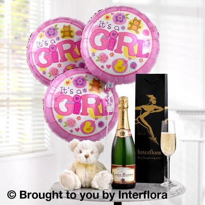 Celebratory Champagne, Baby Girl Balloons &  Teddy Bear