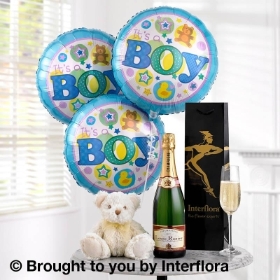 Celebratory Champagne, Baby Boy Balloons &  Teddy Bear